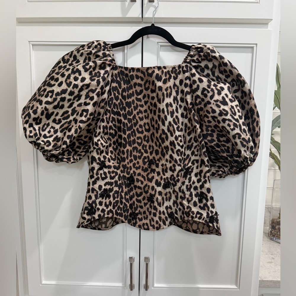 Ganni Animal Print Puff Sleeve Blouse